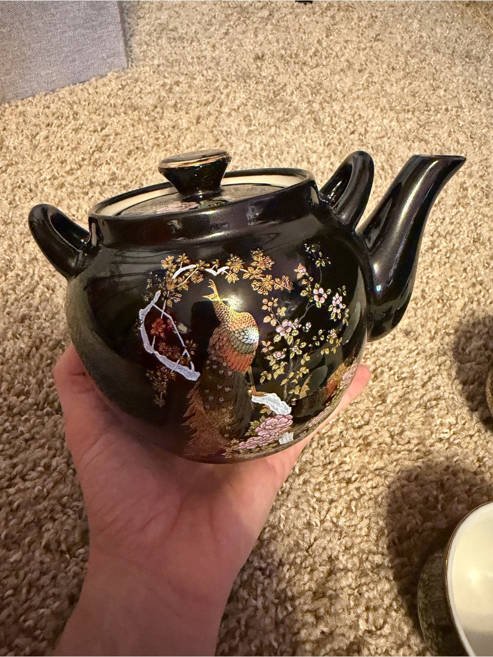 Vintage Japanese Tea Set Black Teapot 4 Cups Peacock Floral Gold Japan